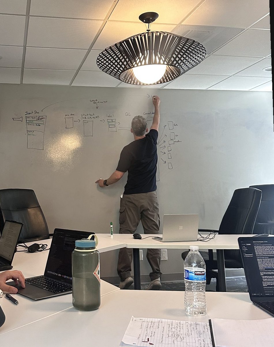 A teammate works at a laptop while the founder sketches a workflow on the whiteboard during a team working session in San Diego.